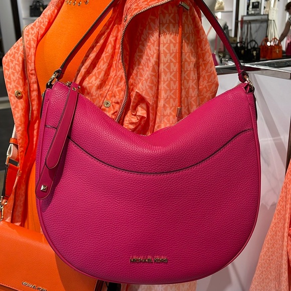 Michael Kors Handbags - Michael Kors Dover Large Leather Top Zip Half Moon Shoulder Bag in Electric Pink